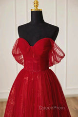Lovely Wine Red Tulle Sweetheart Off Shoulder Evening Prom Dresses, Wine Red Long Party Dresses