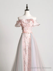 Lovely Tulle Applique Long Prom Dress, A-Line Evening Dress with Detachable Skirt