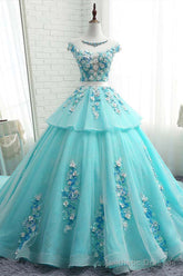 Lovey Blue Layers Ball Gown Tulle with Flowers Sweet 16 Gown, Blue Formal Dresses