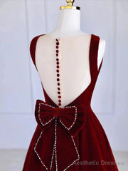 Burgundy Tea Length Velvet Prom Dress with Bowknot, Burgundy Evening Party Dress
