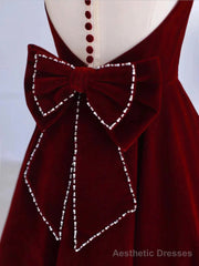 Burgundy Tea Length Velvet Prom Dress with Bowknot, Burgundy Evening Party Dress