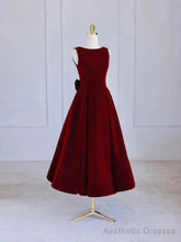 Burgundy Tea Length Velvet Prom Dress with Bowknot, Burgundy Evening Party Dress