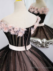 Black Tulle and Pink Flowers Party Dress, Black Off Shoulder Sweet 16 Dress