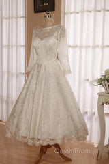 Low V Back Tea Length Lace Wedding Dresses