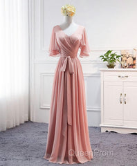 Simple V Neck Chiffon Long Evening Prom Dresses, Bridesmaid Dresses