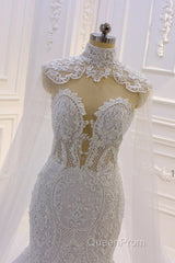 Luxurious 3D Lace Applique High Neck Tulle Mermaid Wedding Dresses