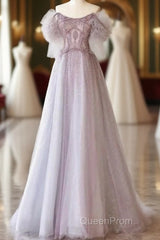 Luxurious A Line Off The Shoulder Pink Long Evening Prom Dresses