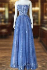Luxurious A Line Strapless Blue Long Evening Prom Dresses