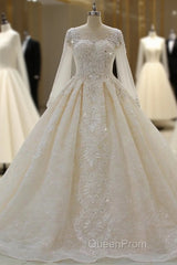 Luxurious Ball Gown Long Sleevess Lace Applqiues Beadings Wedding Dresses