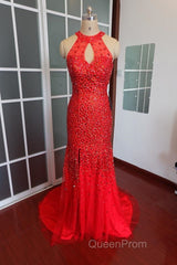 Luxurious Crystal Beaded Halter Mermaid Evening Dresses Leg Split Evening Prom Gowns