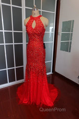 Luxurious Crystal Beaded Halter Mermaid Evening Dresses Leg Split Evening Prom Gowns