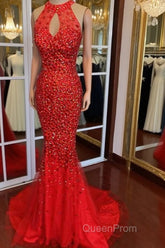 Luxurious Crystal Beaded Halter Mermaid Evening Dresses Leg Split Evening Prom Gowns