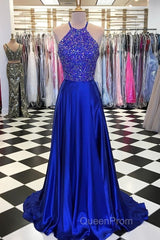 Luxurious Crystal Halter Evening Prom Dresses Long Satin Leg Split Evening Gowns