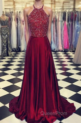 Luxurious Crystal Halter Evening Prom Dresses Long Satin Leg Split Evening Gowns