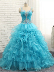 Luxury Blue Crystal Ruffles Sweetheart Organza Quinceanera Dresses