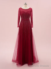 Luxury Burgundy Tulle Long Sleeve Beading Sequins Prom Dress