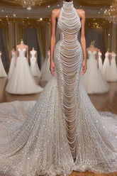 Luxury Long Mermaid Halter Beading Sleeveless Wedding Dresses With Pearls