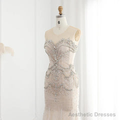 Luxury Mermaid Crystal Pearls Nude Tulle Long Prom Dress