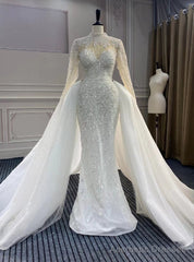 Luxury Mermaid Tulle Long Sleeve Beading Pearls Wedding Dress