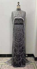 Luxury Pearls Beading Prom Dresses Sweep Train High Neck Zipper Sleeveless Evening Dresses