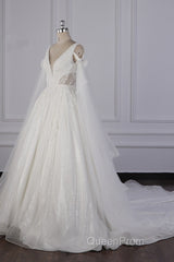 Luxury V-Neck Beadings Wedding Dresses Tulle Sleeveless Sequined Bridal Gowns
