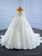 Luxury White Tulle Sequins Long Sleeve Beading Wedding Dress