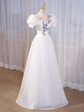Elegant White Tulle Appliques Long Prom Dress, White High Neck A-Line Evening Dress