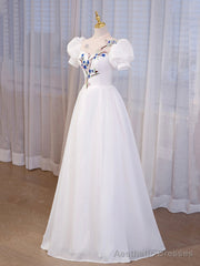 Elegant White Tulle Appliques Long Prom Dress, White High Neck A-Line Evening Dress