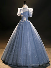 Blue Tulle Long A-Line Prom Dress, Beautiful Short Sleeve Evening Party Dress