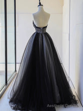 Black Strapless Tulle Lace Long Prom Dress, Black A-Line Sweetheart Neck Evening Party Dress