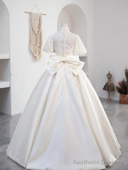 Beautiful Sweetheart Neck Satin Long Prom Dress with Detachable Lace Top, White Formal Wedding Dress