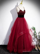Burgundy Spaghetti Strap Tulle Long Corset Prom Dress, A-Line Evening Party Dress
