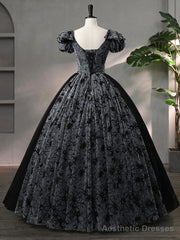 Beautiful Black Rhinestone Flower Prom Dress, Black V-Neck Short Sleeve Evening Dress