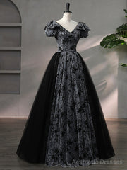 Beautiful Black Rhinestone Flower Prom Dress, Black V-Neck Short Sleeve Evening Dress