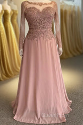 Illusion Neck Sweetheart Long Sleeves Beaded Appliques Long Formal Dresses