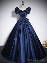 Elegant Blue Satin Floor-Length Prom Dresses, Square Neckline Puffy Short Sleeve Bow Formal Dresses