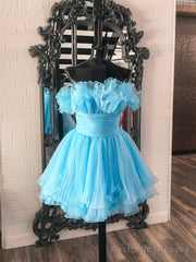 Lovely Blue Strapless A-Line Short Prom Dress, Organza Pleated Ruffle Tiered Homecoming Dress