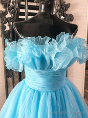 Lovely Blue Strapless A-Line Short Prom Dress, Organza Pleated Ruffle Tiered Homecoming Dress