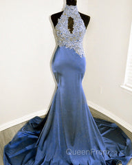 Magenta Mermaid Lace Applique Halter Evening Prom Dresses