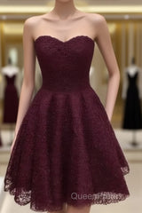 Maroon Homecoming Dresses, Lace Short Evening Prom Dresses, Party Dresses, Evening Prom Dresses