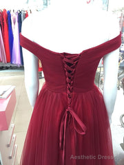 Maroon Off Shoulder Bridesmaid Dress Long, Simple Tulle Dress