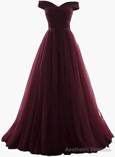 Maroon Off Shoulder Bridesmaid Dress Long, Simple Tulle Dress