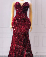 Maroon Sequin Evening Prom Dresses Mermaid Strapless