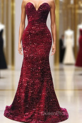 Maroon Sequin Evening Prom Dresses Mermaid Strapless