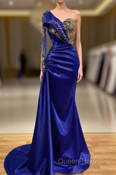 Mermaid Asymmetrical Sequined Floor-length Appliques Lace With Side Train Evening Prom Dresses