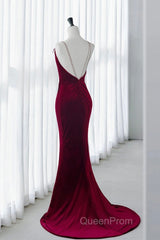 Mermaid Backless Velvet Burgundy Long Evening Prom Dresses With Beads