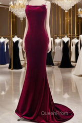 Mermaid Backless Velvet Burgundy Long Evening Prom Dresses With Beads