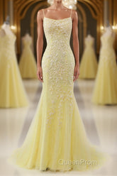 Mermaid Backless Yellow Lace Long Evening Prom Dresses, Mermaid Yellow Formal Dresses, Yellow Lace Evening Dresses