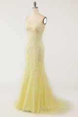 Mermaid Backless Yellow Lace Long Evening Prom Dresses, Mermaid Yellow Formal Dresses, Yellow Lace Evening Dresses