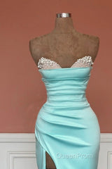 Mermaid Beaded Strapless Blue Satin Split Dresses